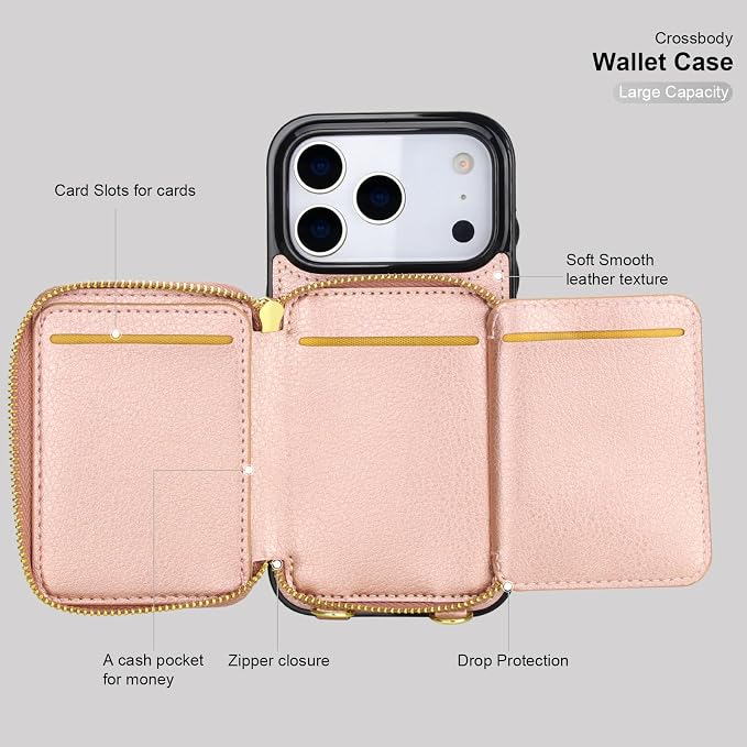 Bocasal Crossbody Wallet Case for iPhone 17 Pro, RFID Blocking PU Leather Zipper Handbag Purse Flip Cover, Kickstand Folio Case with Card Slots Holder Wrist Strap Lanyard 5G 6.3 Inch (Rose Gold)