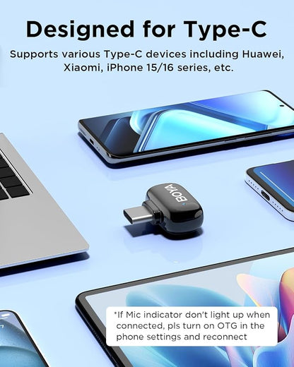 BOYA Mini USB-C Wireless Lavalier Microphone for Andriod iPhone 16/15, Ultra Mini Lapel Mics with AI Voice Switching, Noise Reduction and Charging Case, Metal Clip for TikTok Content Creators
