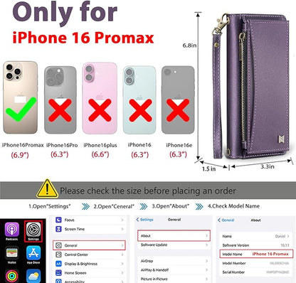 Wallet Case for iPhone 16 Pro Max with Card Holder/Crossbody Wallet/Strap| RFID Blocking | Magnetic | Kickstand | Detachable | PU Leather Phone Case for iPhone 16 Pro Max,6.9 in,Purple