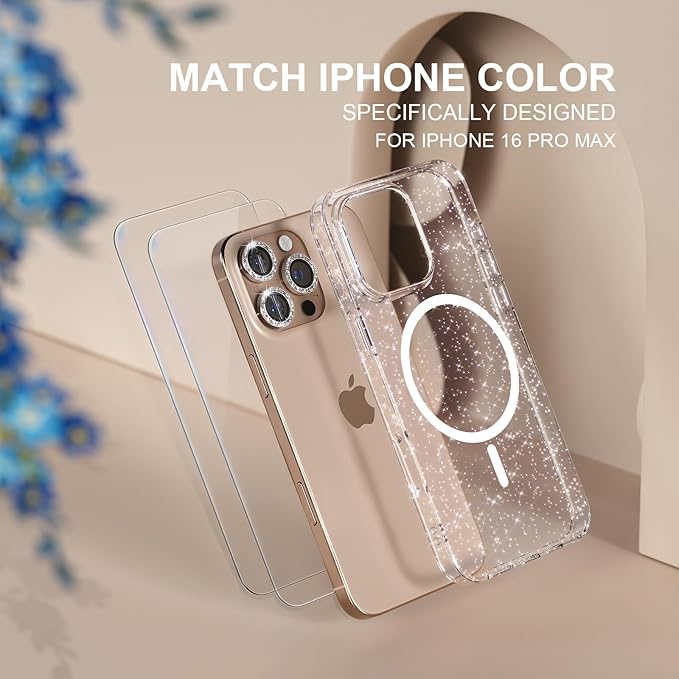 Choiche for iPhone 16 Pro Max Case Magnetic, Women Clear Glitter Bling Sparkly Case, [3xDiamond Camera Lens Protectors] [2xTempered Glass Screen Protectors] [Compatible MagSafe] 6.9"(Glitter Clear)