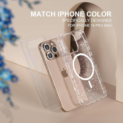 Choiche for iPhone 16 Pro Max Case Magnetic, Women Clear Glitter Bling Sparkly Case, [3xDiamond Camera Lens Protectors] [2xTempered Glass Screen Protectors] [Compatible MagSafe] 6.9"(Glitter Clear)