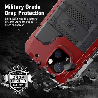 Beasyjoy for iPhone 13 Case Waterproof, Metal Phone Case with Built-in Screen Protector, Heavy Duty Full Body Protective Military Grade Shockproof Rugged Defender Cover 6.1 Inch, Red