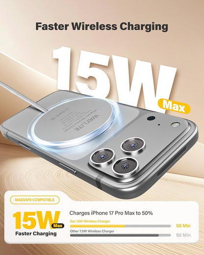 6FT Magnetic Wireless Charger Charging Pad - 15W Qi Fast Phone Charger Puck for Apple iPhone 17 16 15 14 13 12 Series & AirPods 4 3 2 Pro, Phone Charging Pad with Plug for Desk & Travel, 1Pack White