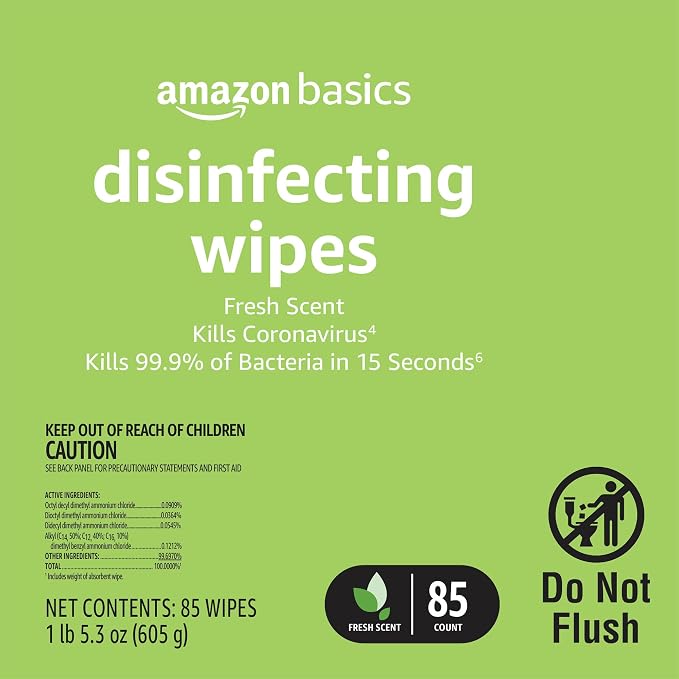 Amazon Basics Disinfecting Wipes, Lemon & Fresh Scent, Sanitizes/Cleans/Disinfects/Deodorizes, 1020 Count (12 Packs of 85)