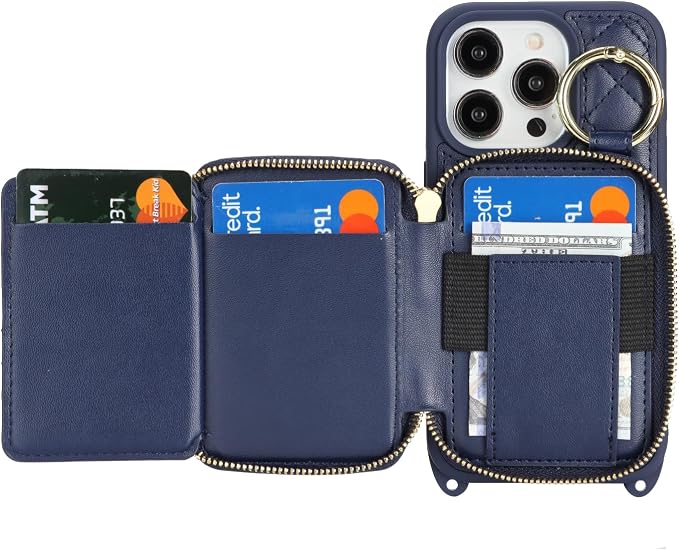 Crossbody Wallet Case for iPhone 14 Pro, PU Leather Zipper Handbag Purse Flip Cover, Kickstand Folio Case with Card Slots Holder Wrist Strap Lanyard 5G 6.1 Inch-Blue