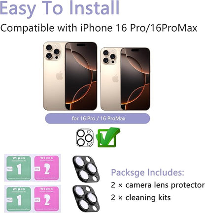 2 Pack Camera Lens Protector for iPhone 16 Pro/16 Pro Max,[Not Easy to Breakn ] AR Tempered Glass Strong Adsorption Metal Camera Cover Screen-Black