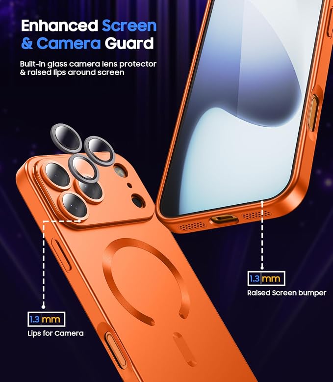 Magnetic for iPhone 17 Pro Case, Compatible with MagSafe, Built-in Camera Lens Protector, Slim Thin Soft Silicone Bumper Shockproof Metallic Luster Phone Case (Orange)