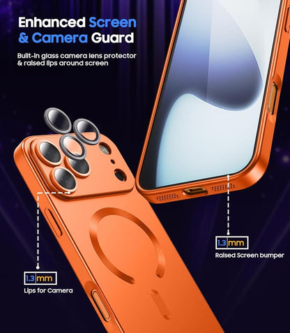 Magnetic for iPhone 17 Pro Case, Compatible with MagSafe, Built-in Camera Lens Protector, Slim Thin Soft Silicone Bumper Shockproof Metallic Luster Phone Case (Orange)