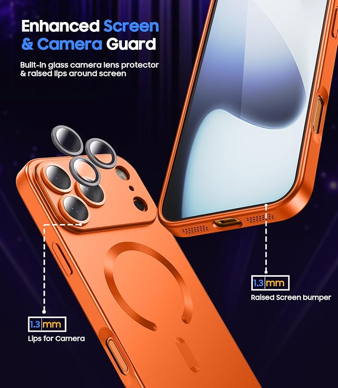 Magnetic for iPhone 17 Pro Max Case, Compatible with MagSafe, Built-in Camera Lens Protector, Slim Thin Soft Silicone Bumper Shockproof Metallic Luster Phone Case (Orange)