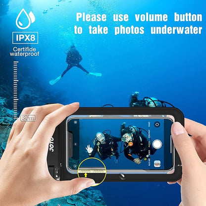 JOTO 6 Pack Universal Waterproof Phone Holder Pouch, IPX8 Underwater Case Cell Phone Dry Bag for iPhone 17 Air 16 15 14 13 Plus Pro Max, Galaxy S24 S23 S22 Note Pixel Up to 7.0" -Black & Clear