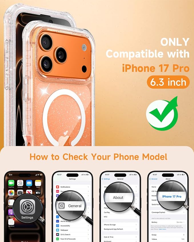 seacosmo Magnetic for iPhone 17 Pro Case for Women, Girly, Men, Full Body with Built-in Screen and Camera Lens Protector, Anti-Yellowing, Shockproof Cute 17 Pro Phone Case, 6.3", Clear Glitter