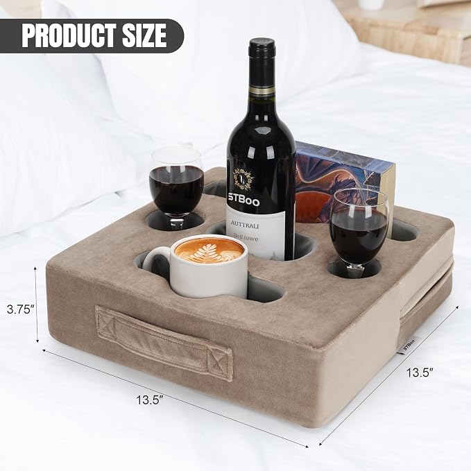 STBoo Couch Cup Holder Pillow Tray - Sofa Drink Cup Holder Cozy Buddy | Bed Caddy Organizer for Remote, Snacks Beverage, Phones, Tablet | Use it on Car, Pack, Beach, RV, Boat, Bedroom (Light Brown)