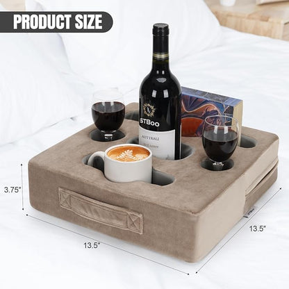 STBoo Couch Cup Holder Pillow Tray - Sofa Drink Cup Holder Cozy Buddy | Bed Caddy Organizer for Remote, Snacks Beverage, Phones, Tablet | Use it on Car, Pack, Beach, RV, Boat, Bedroom (Light Brown)