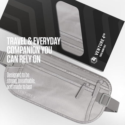 VENTURE 4TH Money Belt for Travel – Hidden Under-Clothes RFID Blocking Passport Holder & Slim Travel Wallet Pouch for Men & Women to Protect Cash, Cards & Documents (Sleek Silver)