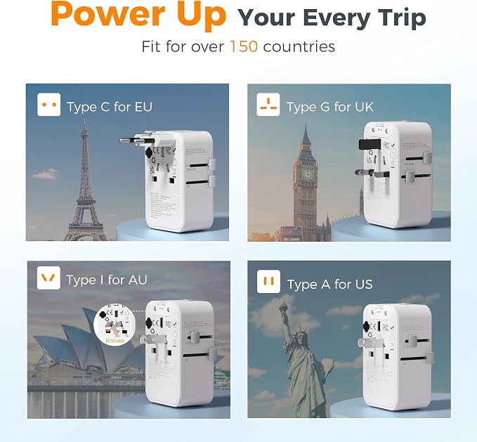 TESSAN Universal Travel Adapter PD 25W, White | International Power Adapter, Ultra Thin, 2 USB A 2 USB C, US to European UK Australia Ireland, Type C G A I