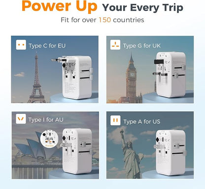 TESSAN Universal Travel Adapter PD 25W, White | International Power Adapter, Ultra Thin, 2 USB A 2 USB C, US to European UK Australia Ireland, Type C G A I