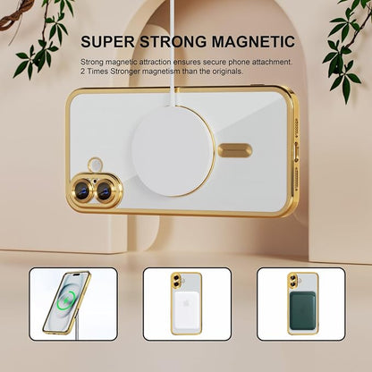Misea Magnetic for iPhone 16 Case Compatible with MagSafe [Never Yellowing] [Military Grade Drop Protection] Full Camera Lens Protector Plating Soft Clear Phone Case for Women 6.1 inch, Gold
