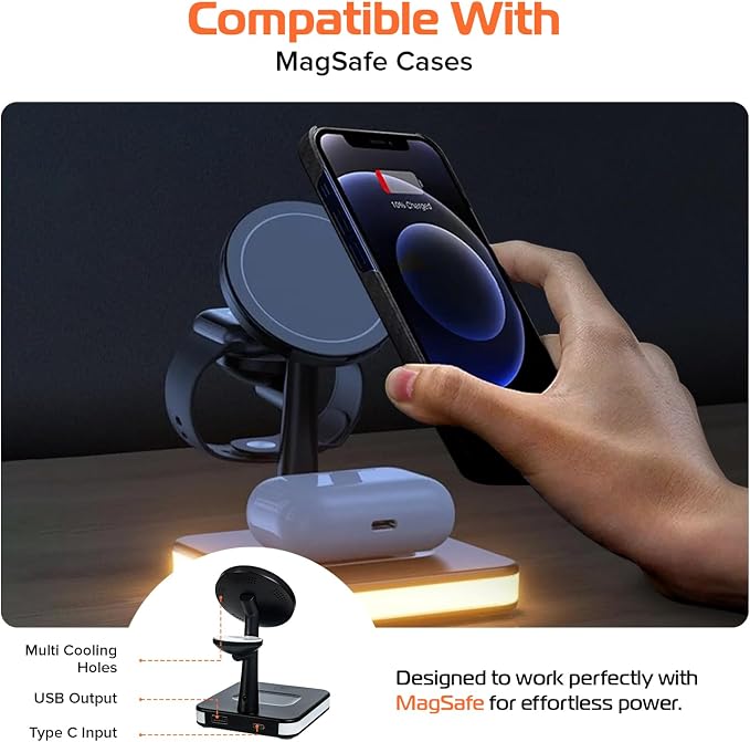Spracht Flex Charge 4, 4-in-1 Wireless Charging Stand | 25W Fast Charger, Magnetic Connection -Works for Smartphone, Watch, Ear Buds, Qi-Enabled Devices | Nightlight, Magnetic Charging Stand (Black)