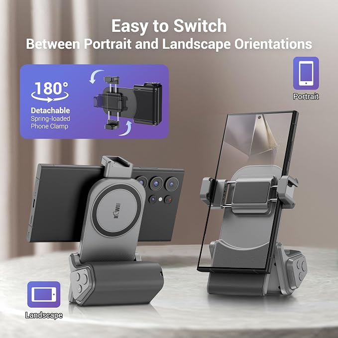 KIWIFOTOS Travel Phone Camera Grip Smartphones Camera Handle with Remote Control & Cold Shoe Mount for iPhone 17 16 Pro Max Samsung S24 S25 Selfie Vlog Video Shooting(Tripod NOT Included)