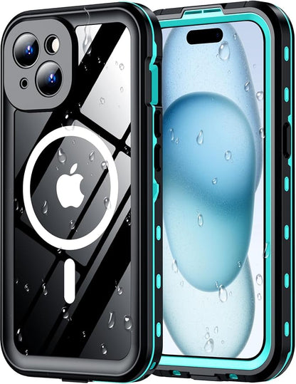 Red2Fire for iPhone 15 Case Waterproof, [Built-in Screen Protector & Camera Protector][Compatible with MagSafe][Full Body Shockproof][IP68 Waterproof][Dustproof] Phone Case 6.1" Blue/Clear