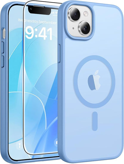 FNTCASE for iPhone 15 Plus Case: for iPhone 14 Plus Case Translucent Matte Military Grade Protective Phone Cover - Slim Anti-Slip Durable Shockproof Drop Protection Cases - Light Blue