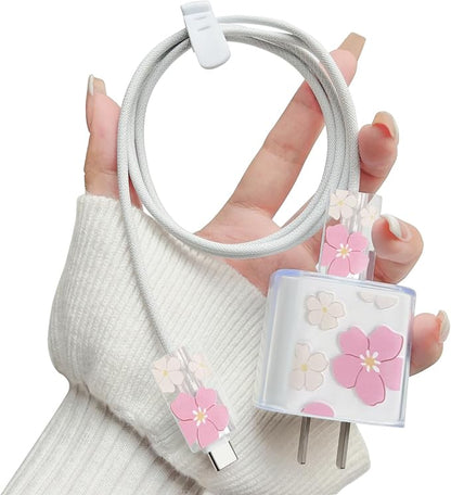 Lovmooful Compatible for iPhone 18W/20W USB-C Charger Cover Clear Lovely Flower Floral Design Soft Charger Protector Cute Cable Case Saver Protector for Girls Women-Big Pink Flower
