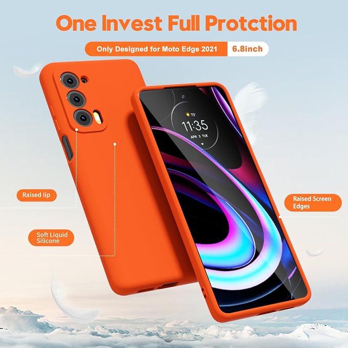 oakxco for Motorola Moto Edge 2021/Edge 2021 5G UW Phone Case Liquid Silicone, Neon Bright Solid Color, Thin Slim Soft Rubber Gel Matte TPU Plain Simple Cover for Women Girl Cute, Orange