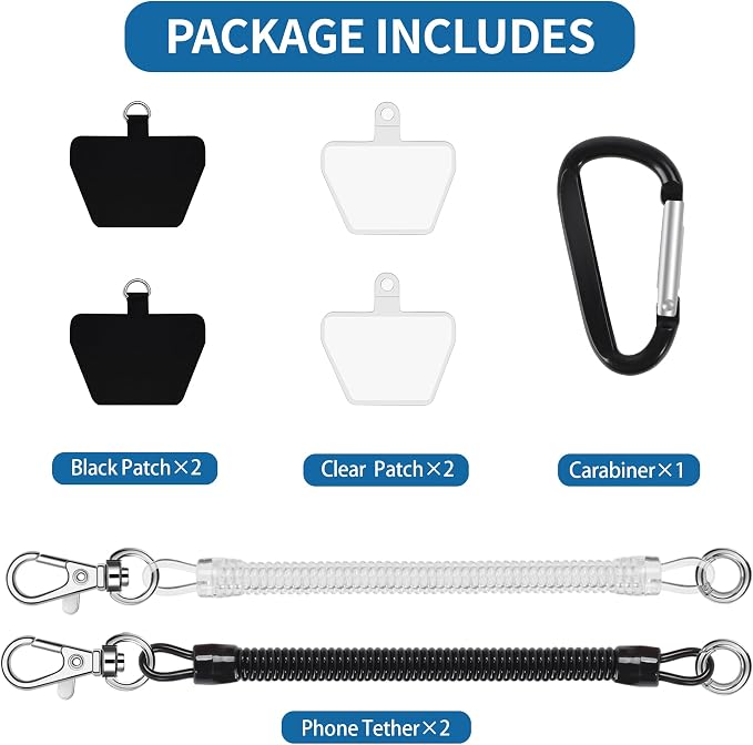 Doormoon Phone Lanyard Tether with 4 Patch, Cell Phone Lanyard with 2* Phone Tether, 4* Patch for Outdoor Hiking Climbing, BlackClear
