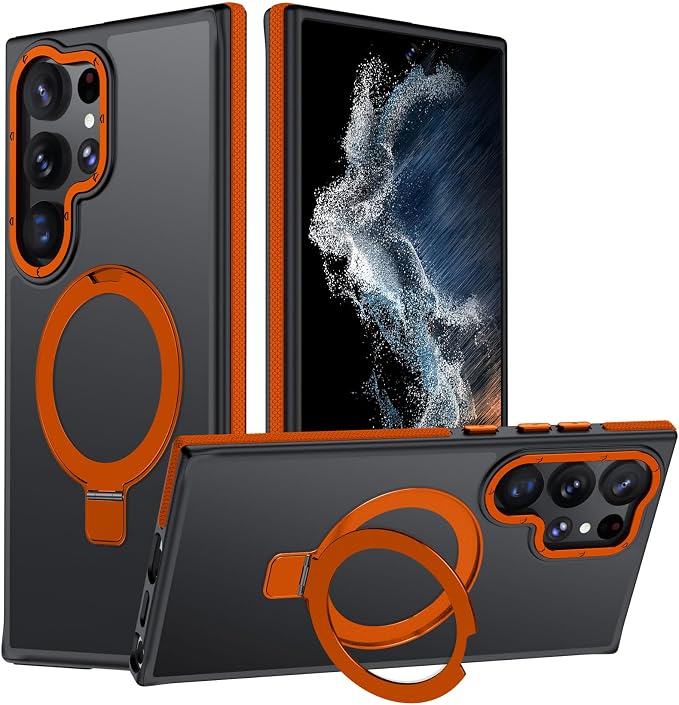 for Samsung Galaxy S22 Ultra Case, Magnetic Adjustable Ring Stand [Fit for Magsafe], [Military-Grade Shockproof Protection] Phone Case for S22 Ultra Case with Kickstand&Ring Holder (Orange)