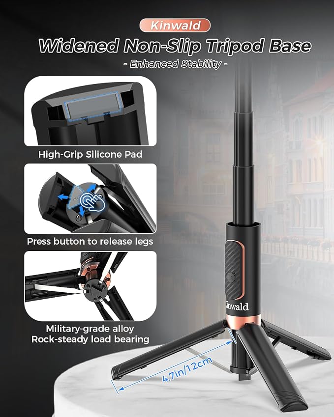 Selfie Stick Tripod for iPhone & Android – Portable Phone Tripod Stand with Bluetooth Remote, One-Click Open, Compact & Lightweight for Vlogging, Travel & Everyday Use (Black)