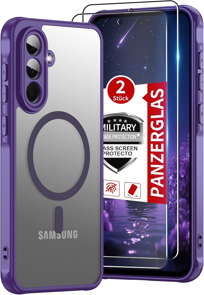 for Galaxy A56 5G Phone Case: Samsung A56 Phone Case with 2PC Tempered Glass Screen Protector, Wireless Charging Samsung A56 5G Case Matte Translucent Soft-Touch & Shockproof Funda para A 56,Purple