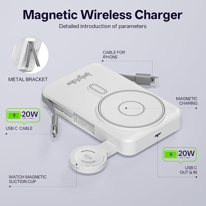 Magnetic Portable Charger Built-in Cables,10000mAh Fast Charging Wireless Charger Station External Battery Pack Slim Pocket Size Power Bank with Stand Compatible with iWatch, iPhone