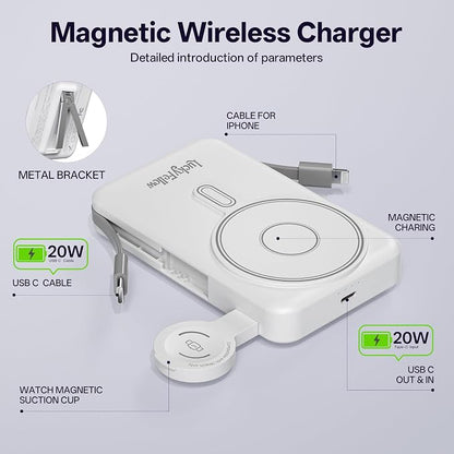 Magnetic Portable Charger Built-in Cables,10000mAh Fast Charging Wireless Charger Station External Battery Pack Slim Pocket Size Power Bank with Stand Compatible with iWatch, iPhone