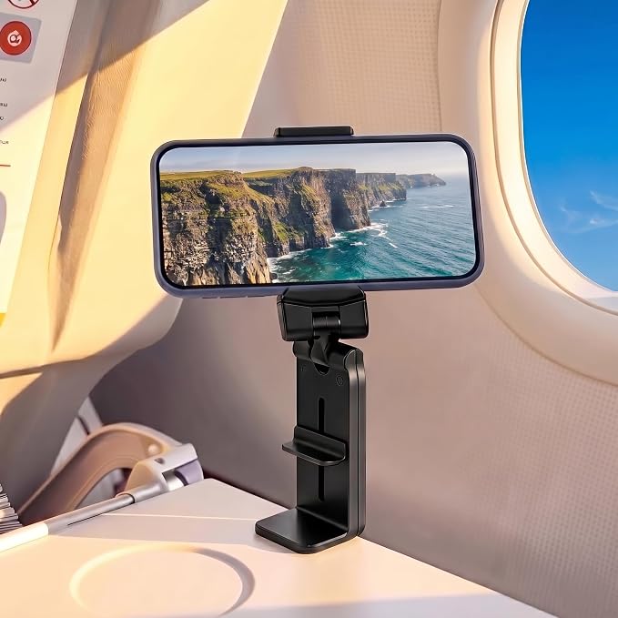 Hands-Free Airplane Phone Holder - Eye-Level Travel Mount for Flight Tray Table, Portable Clip-On Stand for Desk, Train, Luggage - Travel Essentials