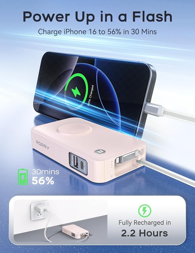 RORRY Portable Charger, 10,000mAh 30W Fast Charging Power Bank with Built-in Retractable Cables, Travel Battery Pack for iPhone 17/16/15/14/13/12, Apple Watch, iPad and More, Pink