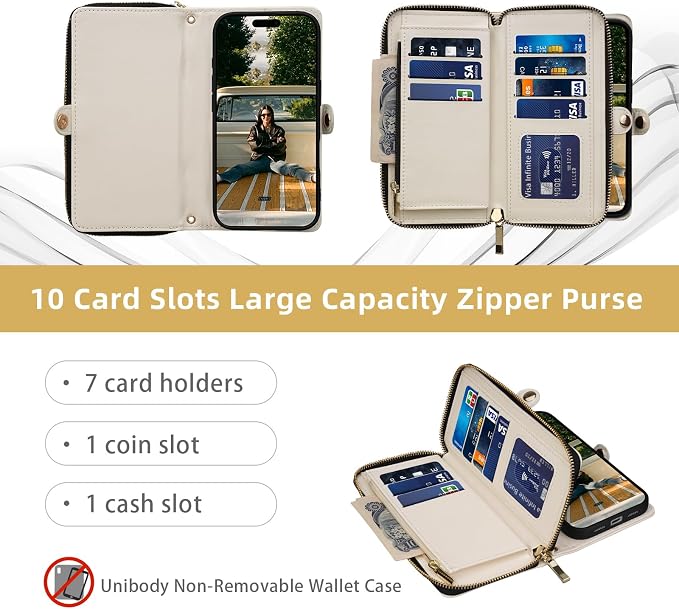 Rssviss Crossbody Case for iPhone 17 Pro Max Case Wallet, RFID Blocking Leather with Card Holder Kickstand, Handbag Zipper Flip Cover with Wrist Strap for iPhone 17 Pro Max Men Women 6.9", White