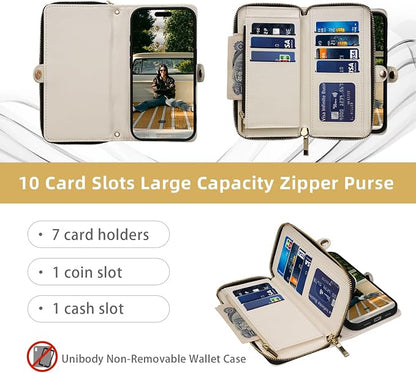Rssviss Crossbody Case for iPhone 17 Pro Max Case Wallet, RFID Blocking Leather with Card Holder Kickstand, Handbag Zipper Flip Cover with Wrist Strap for iPhone 17 Pro Max Men Women 6.9", White