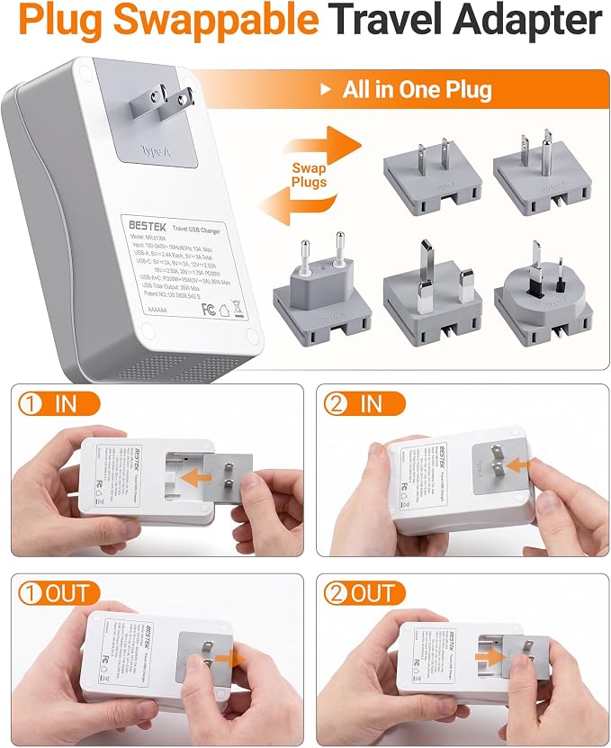 BESTEK Universal Travel Adapter, International Power Adapter with 1 Outlets 4 USB Charging Ports (1 USB C PD 35W), Plugs for EU, UK, US, China, AU, Japan - for Laptop, Phone, Camera