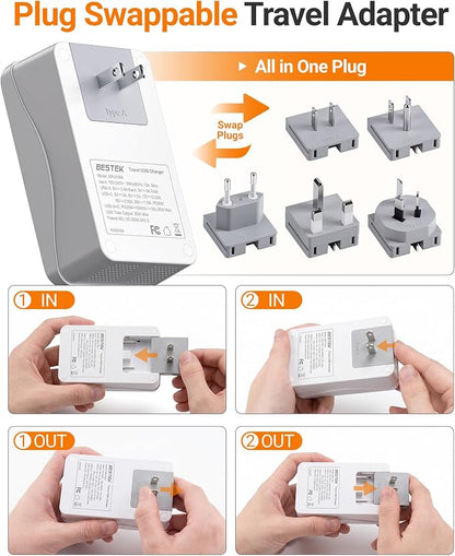 BESTEK Universal Travel Adapter, International Power Adapter with 1 Outlets 4 USB Charging Ports (1 USB C PD 35W), Plugs for EU, UK, US, China, AU, Japan - for Laptop, Phone, Camera
