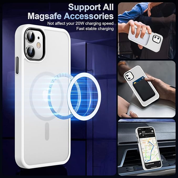 MOCCA Strong Magnetic for iPhone 11 Case,[Compatible with Magsafe][Glass Screen Protector+Camera Lens Protector] Slim Thin Shockproof Cover Case for iPhone 11 6.1 inch, Frosted White