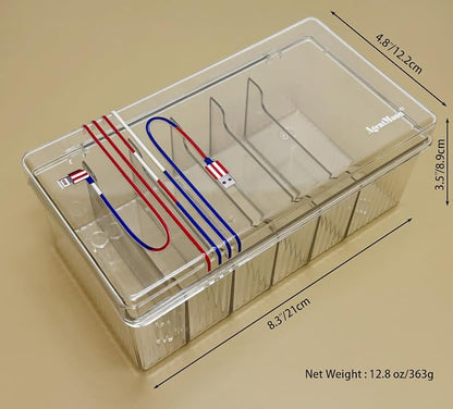 AgentMoon Clear Acrylic Cable Organizer Box with Lid, 6 Storage Slots,Color Lable Desktop Accessories Storage Box with 60 inches Cuttable Magic Lashing Straps (1PCS)