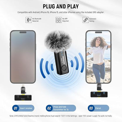 NEEWER Lavalier Wireless Microphone System, 1x USB C Receiver with OTG Adapter & 2X Noise Cancelling Omnidirectional Condenser Transmitter Compatible with iPhone 16 Pro Max S24 Ultra, KM23
