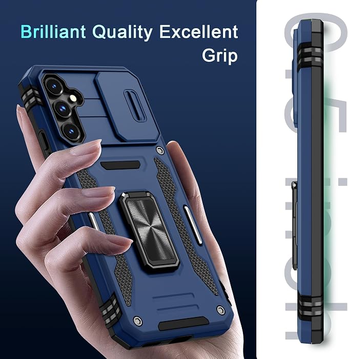 DEERLAMN Case for Samsung Galaxy S23 FE 6.4-Inch with Slide Camera Cover+Screen Protector(1 Pack),Rotated Ring Kickstand Military Grade Shockproof Protective Cover-Navy Blue