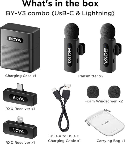 BOYA BY-V3 Combo Wireless Microphone for iPhone Android Smartphone,100M Los Range,36H Duration,Noise Cancellation,Plug&Play Lavalier Lapel Mics for Vlogging Interview 2-in-1 Charging Case(2TX+2RX)