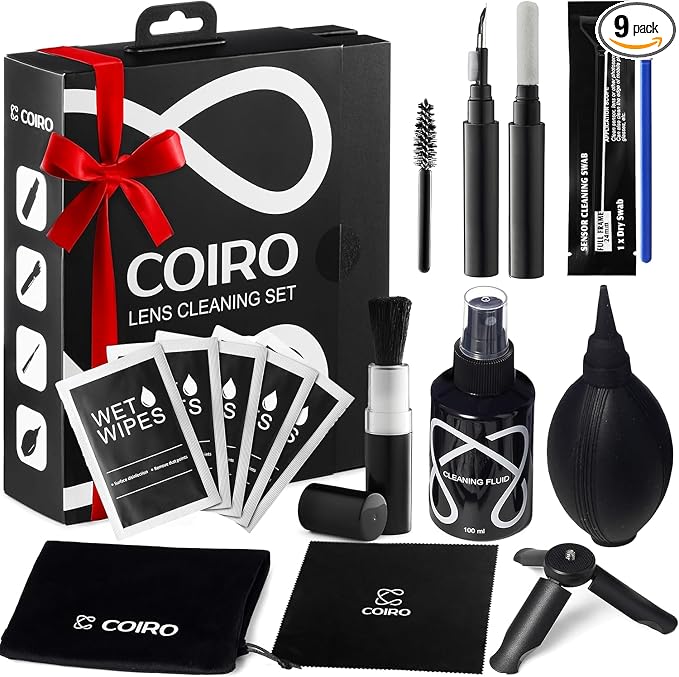 C Coiro Camera Lens Cleaning Kit for DSLR and Sensitive Electronics, 9-in-1 Lens Cleaner Spray, Camera Pen, Blower, Wipes, Sensor Cleaner, Photographer Gifts & Accessories