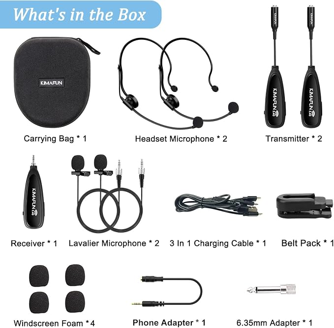 KIMAFUN Wireless Microphone System for 2 People, 2.4G Dual Wireless Headset and Lavalier Lapel Mics Ideal for Smartphone, iPhone, Laptop, Camera, Speaker, PA, Conference, Vlog, Recording