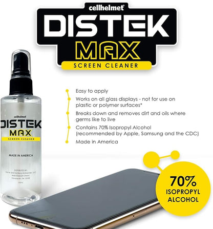 cellhelmet DISTEK Max Screen and Phone Cleaner Disinfectant with 70 Percent Isopropyl Alcohol 70% Universal for All Glass Displays, LCD - 120mL / 4oz with Microfiber Cloth - Made in USA