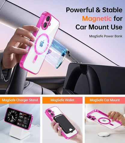 Meifigno Designed for iPhone 17 Case with Ring Stand (6.3"), [Built-in Mirror] [Compatible with MagSafe] [Glitter Card & Wrist Strap] Removable Phone Stand +Designed for iPhone 17 Case, Hot Pink