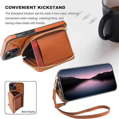 Bocasal Crossbody Wallet Case for iPhone 13, RFID Blocking PU Leather Zipper Handbag Purse Flip Cover, Kickstand Folio Case with Card Slots Holder Wrist Strap Lanyard 5G 6.1 Inch (Brown)