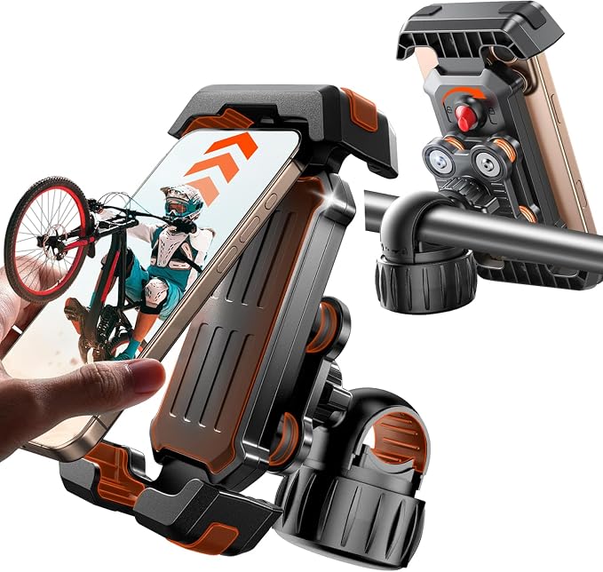 Mountain Bike Phone Mount: Heavy-Duty Anti-Shake Lock Holder – One-Hand Quick Release Cradle with Silicone Corners for MTB Trail Cyclists & Off-Road Riders – Fits iPhone Android 4.7-7in